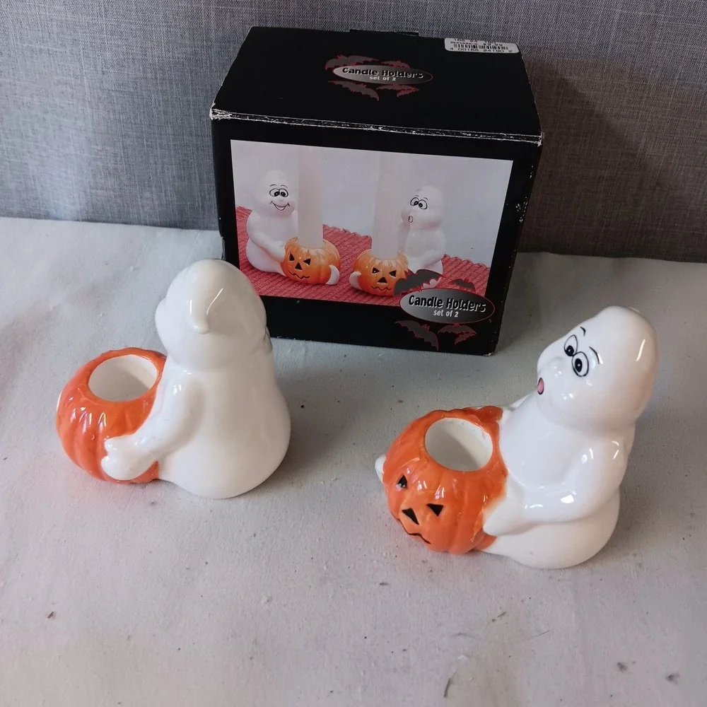 Vintage Halloween Ceramic Ghost Pumpkin Taper Candle Holders Set of 2 Decor